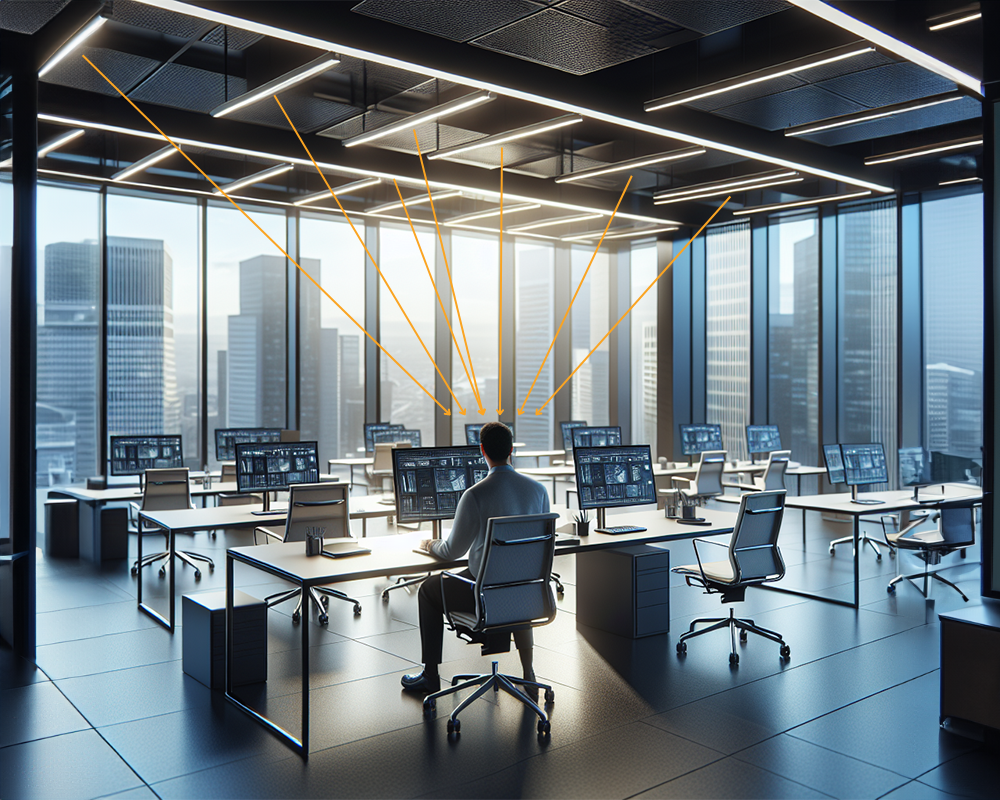 Darstellung eines Büros mit Kunst- und Tageslicht und Pfeilen die die Bledungung eines Mitarbeiters durch Leuchten zeigen